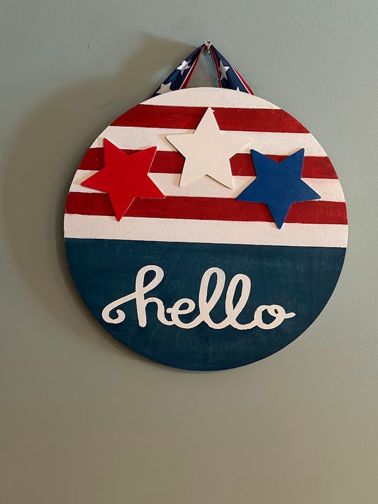 Red White & Blue Patriotic Hello 12 inch Door Sign